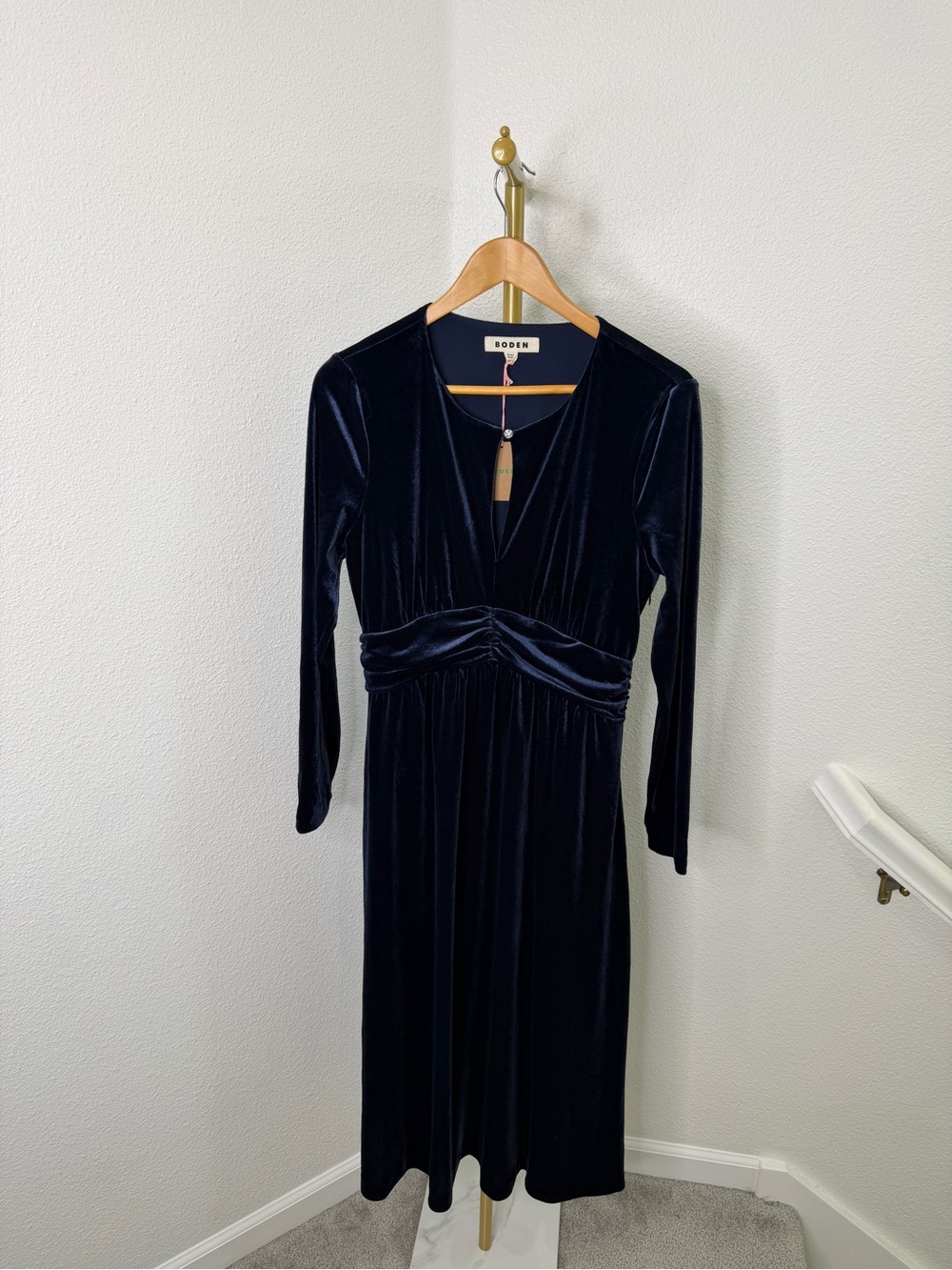 Boden Tilda Velvet Midi Dress Navy Blue Size 8 Long Sleeve Wedding or Holiday